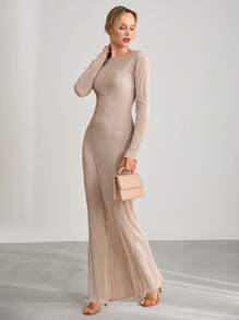 CLARA VERO Elegant Style Pleated Satin Quality Maxi Dress - Beige - View 3