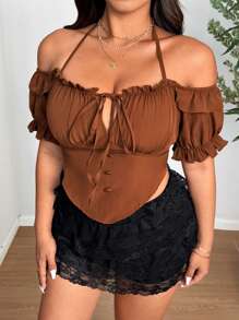 SHEIN LUNE Plus-Size Women's Bow V-Neck Sexy One-Shoulder New Year Top - Brown - View 7