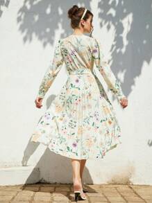 Aveloria Rosie 度假随机花朵印花腰带褶皱连衣裙下摆长袖连衣裙节日派对生日正式场合连衣裙波西米亚海滩时尚风格，适合春秋季 - 綠色 - 查看 2