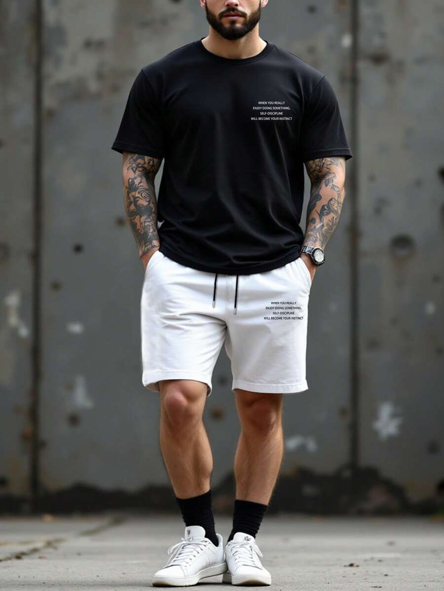 Manfinity Homme 大码男士休闲简约短袖T恤和短裤套装，适合夏季男士短装男士短裤套装 S 男士短裤套装 - 彩色 - 查看 1