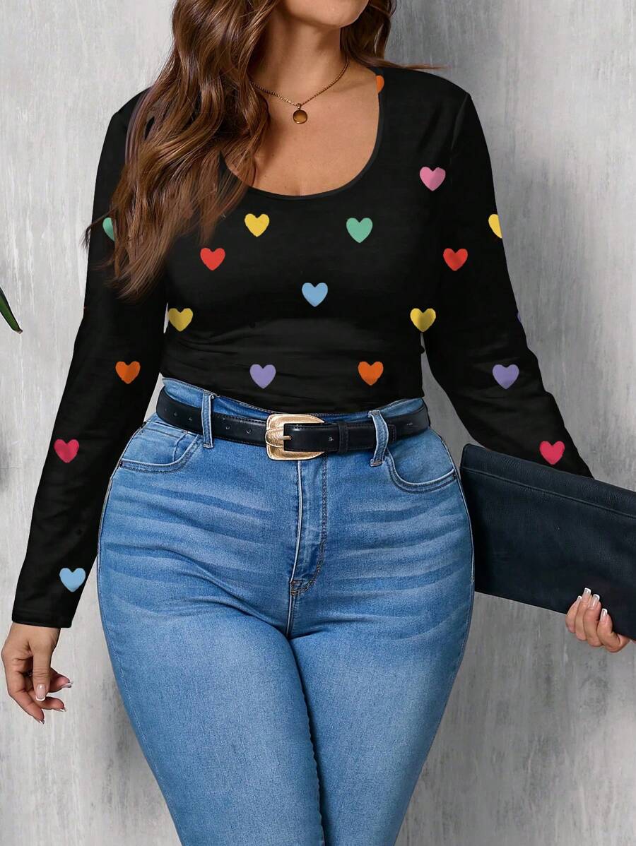 SHEIN LUNE 休闲简约全印花大码女式修身 T 恤