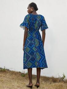 Aveloria Modichic Vestido Longo Feminino Folgado e Confortável de Duas Formas de Usar, Ombros de Fora, Cintura, Estampa Pérlis, Contraste de Cor, Decoração Exquisita de Nó - Azul Royal - Visão 6