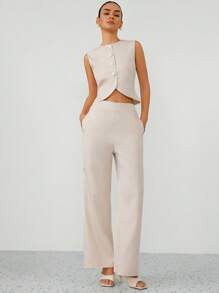 Aveloria Modichic Conjunto de traje de mujer compuesto por un chaleco de cierre de botón con orilla en arco de estilo casual y oficina y pantalones anchos de pierna ancha - Caqui - Ver 4