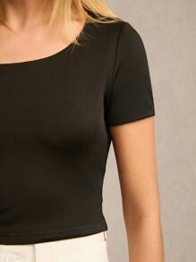 SHEIN BASICS 2pcs/Set Casual Solid Color Knit Round Neck Short Sleeve Fitted Cropped Women T-Shirt - Multicolor - View 6