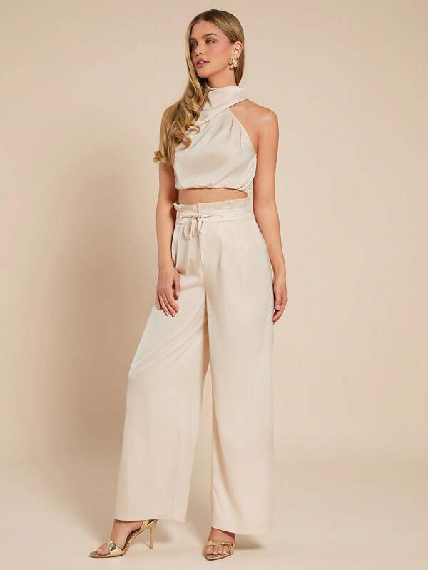 Amorya Women Halterneck Asymmetric Halter Short Tank Top And Paper Bag Waist Wide Leg Pants Two Pieces Elegant Casual Outfit