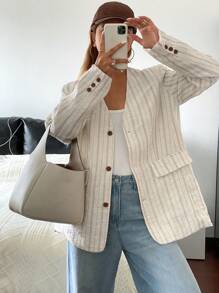 Livesso Vintage Striped Loose Fit V-Neck Lightweight Long Sleeve Women Casual Spring/Summer Jacket Linen,Fall Clothes