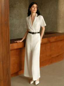 Uhlyne 时尚编织连体裤优雅通勤翻领修身女士长裤连体裤 - 白色 - 查看 3