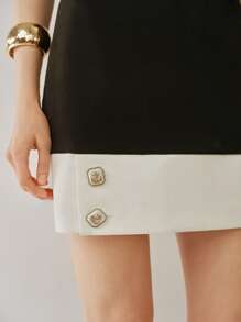 Elenzga Women's Woven Black & White Contrast Metal Button Elegant Office Skirt - Black and White - View 3