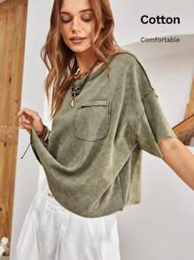 Bohemela 休闲纯色针织圆领宽松水洗大码 T 恤