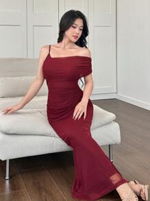 Modelyn 女士优雅褶饰不对称肩带腰部收紧派对连衣裙