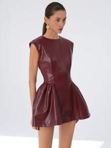 Aveloria Modichic 欧美风格安哥拉红复古设计 PU 圆领腰部收褶短袖女式短裙 - 酒紅色 - 查看 1