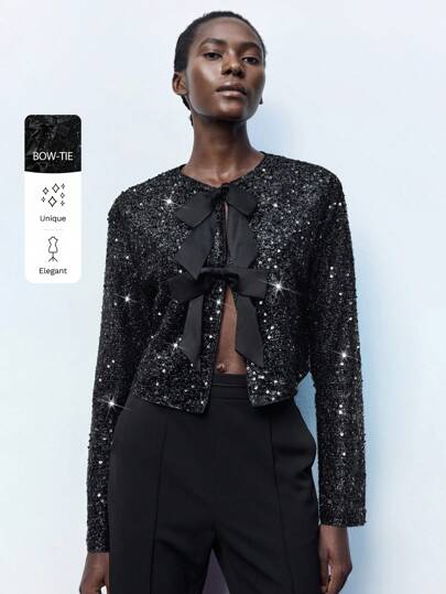 Maija Women's Black Sparkle Sequin Fabric Satin Bow Tie Front Round Neck Regular Jacket,Elegant Autumn Night Out Short Fashion Versatile Party Holiday