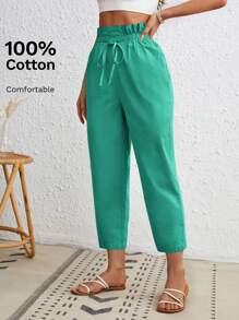 SHEIN VCAY Paper Bag Waist Relax Fit Tapered Pants, Suitable For Spring And Summer - Green - View 1