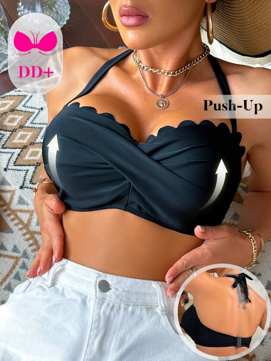 Swim DD+ Women's Minimalist & Fashionable Casual Everyday Halter Bikini Swimwear Top, Summer Beach Vacation - Black - View 1