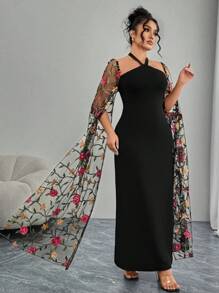 Modelyn Elegant Knit Contrast Mesh Embroidery Extra Long Sleeve Fitted Dress, Plus Size, Spring & Summer - Multicolor - View 6