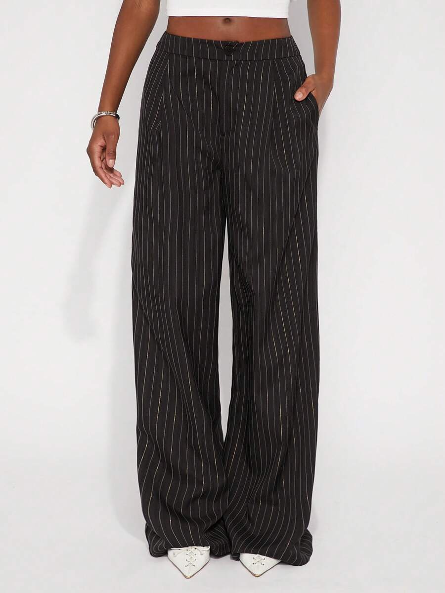NYA SZN Quần dài ống rộng kẻ sọc mùa xuân, thích hợp cho lễ hội, hè, công sở, tiệc brunch, đi làm, dự tiệc cưới, sự kiện đặc biệt, lễ hội hóa trang dành cho nữ. - màu đen - Xem 1