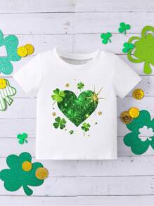 Baby Girl Casual Minimalist St. Patrick's Day Heart & Four-Leaf Clover Print Round Neck Short Sleeve T-Shirt, Suitable For Summer