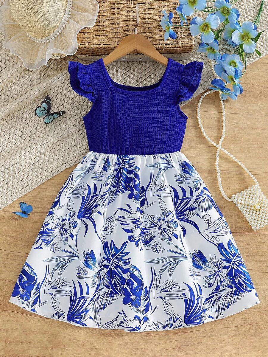 SHEIN Girls Elegant Floral Print Dress, Square Neck Double Layer Cap Sleeve Dress, Textured Fabric Lightweight And Flowy, Suitable For Vacation, Outdoor Party, Spring/Summer - Blue - View 1