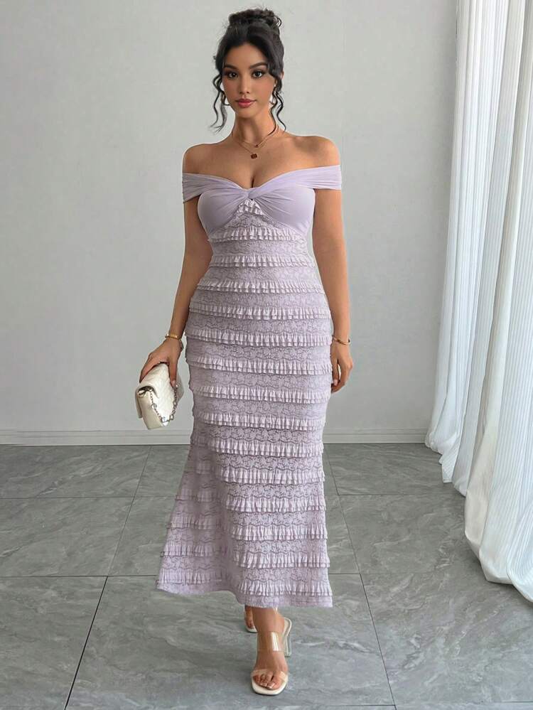 Sheer Mesh Tie-Front Off Shoulder Textured Lace Patchwork Bodycon Dress For Women Prom Dress Elegant,Formal Women Dresses Cocktail Dress