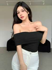 DAZY 女士简约修身露肩紧身 T 恤 - 黑色 - 查看 4