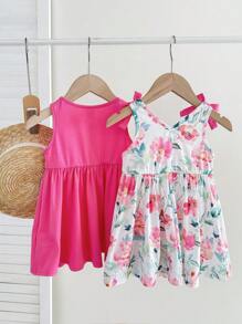 SHEIN 2pcs/Set Baby Girl Cute Floral Print Knitted Dress, Summer Clothes - Hot Pink - View 2