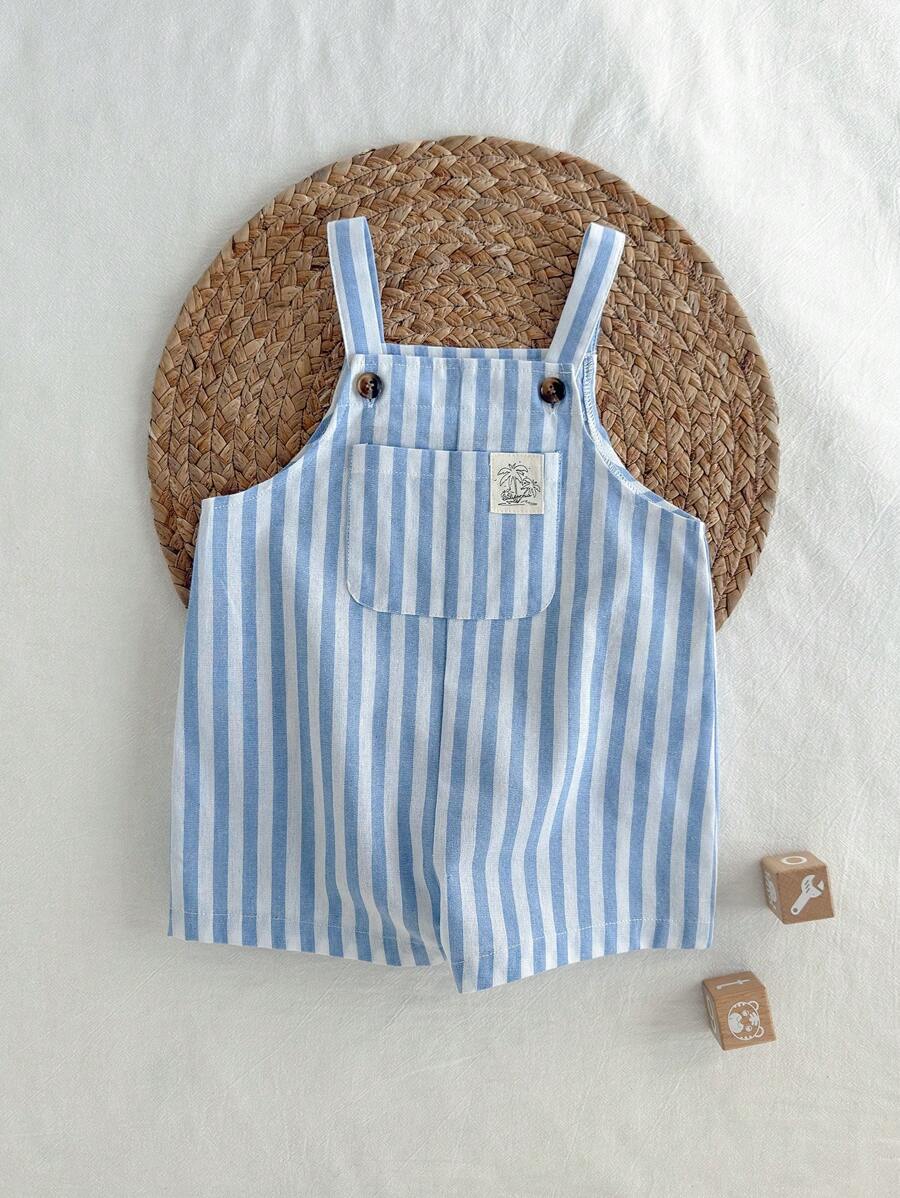 Baby Boy Colorful Striped Knit Suspenders Jumpsuit Shorts, Casual Versatile,Kids - Blue and White - View 1