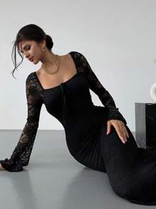 Firerie 女士心形领喇叭袖胸罩杯合身长款蕾丝浪漫约会白色美人鱼连衣裙，春夏装，情人节 - 黑色 - 查看 1