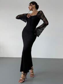 Firerie 女士心形领喇叭袖胸罩杯合身长款蕾丝浪漫约会白色美人鱼连衣裙，春夏装，情人节 - 黑色 - 查看 4