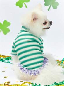 PETSIN Haustier grün gestreiftes St. Patrick's Day lila Rüschen T-Shirt