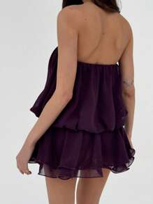 Aloruh 紫色女士休闲性感沙滩雪纺拼接迷你白色背心连衣裙 - 紫色 - 查看 4