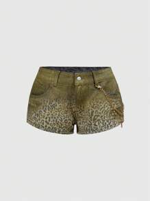 ROMWE J-Fashion Y2K涩谷辣妹千禧豹纹烫金超低腰交叉复古紧身牛仔短裤（女款） - 灰色 - 查看 1