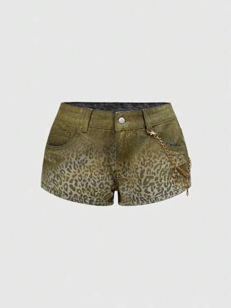 J-Fashion Short taille très basse en jean rétro à imprimé léopard estampé à chaud Y2K Shibuya Gyaru Millennium pour femmes