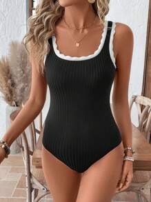 SHEIN LUNE Casual Women's Solid Color Contrast Patchwork Elastic Sleeveless Bodysuit Vacation Outfits Woman Tube Top Boho Women Clothing