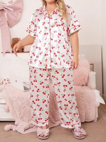 SweetSlumber Bow Cherry Satin Plus Size Pajama Set