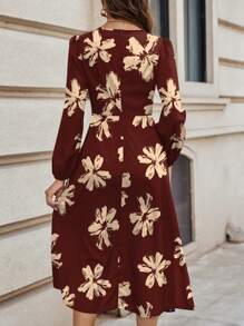 SHEIN Clasi Casual Floral Pattern Round Neck Women Dress, Suitable For Spring And Summer - Burgundy - View 2