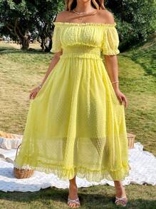 Flirla Plus Size Ladies Elegant Jacquard Off Shoulder Ruffled Long Dress - Yellow - View 4