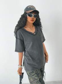 SHEIN Tween Girls Casual Black Oversized Drop Shoulder Loose T-Shirt, Summer/Spring - Black - View 3