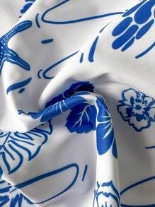 Swim Vcay 女士夏季中国风印花扭结细肩带高衩性感比基尼套装 - 藍白色 - 查看 7