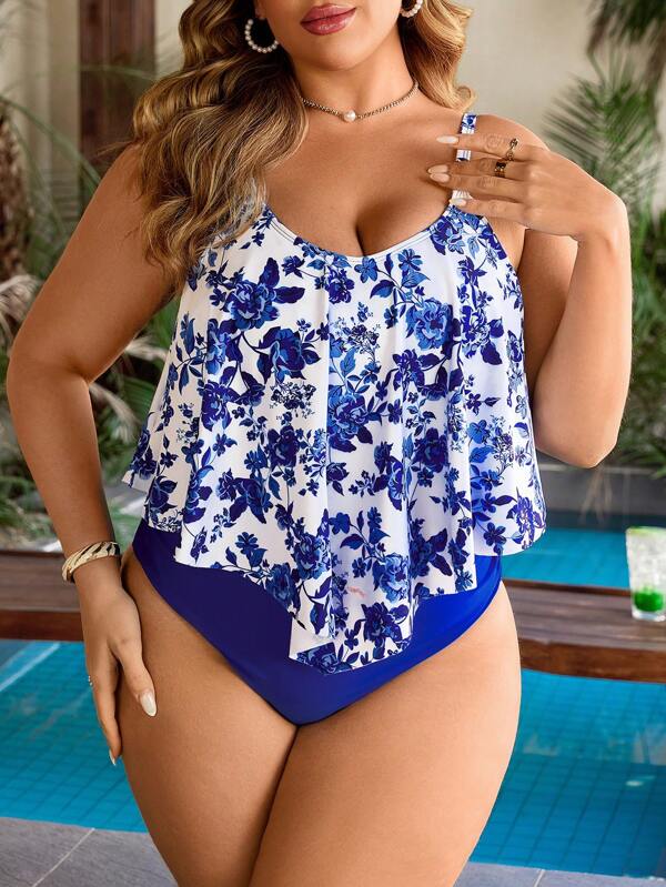 Swim Lushoire Conjunto de 2 piezas con estampado aleatorio de estilo de porcelana azul y blanco, top de tirantes ancho con cuello redondo y volantes, con pantis con cintura alta fruncida. Conjunto de tankini para mujer, perfecto para vacaciones de verano en la playa.