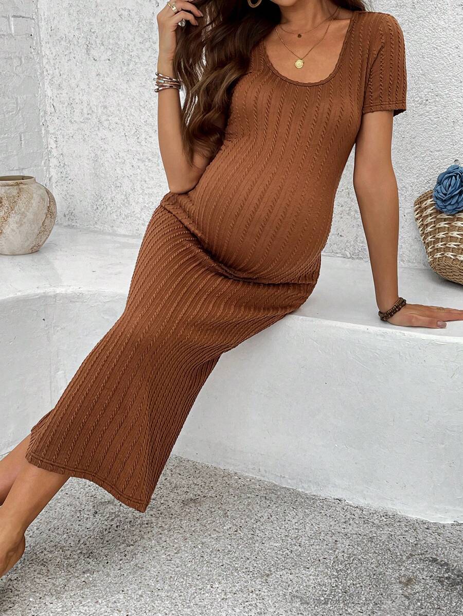 SHEIN Casual Vacation Round Neck Short Sleeve Fitted Maternity Dress - Brown - View 1