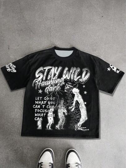 Manfinity EMRG 男士休闲图案印花 T 恤，时尚日常穿着