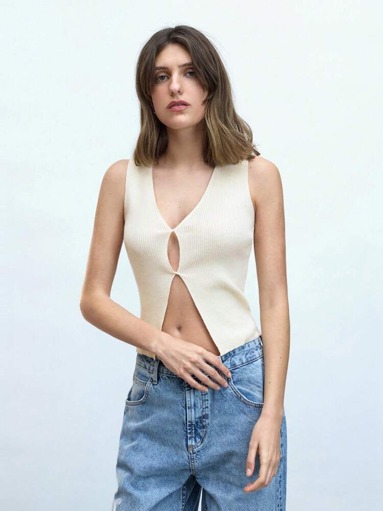 SHEIN Maija レディース アプリコット ホロー Vネック ノースリーブ カジュアル ニットクロップトップ、セクシーでミニマリストなサマーウェア外出用