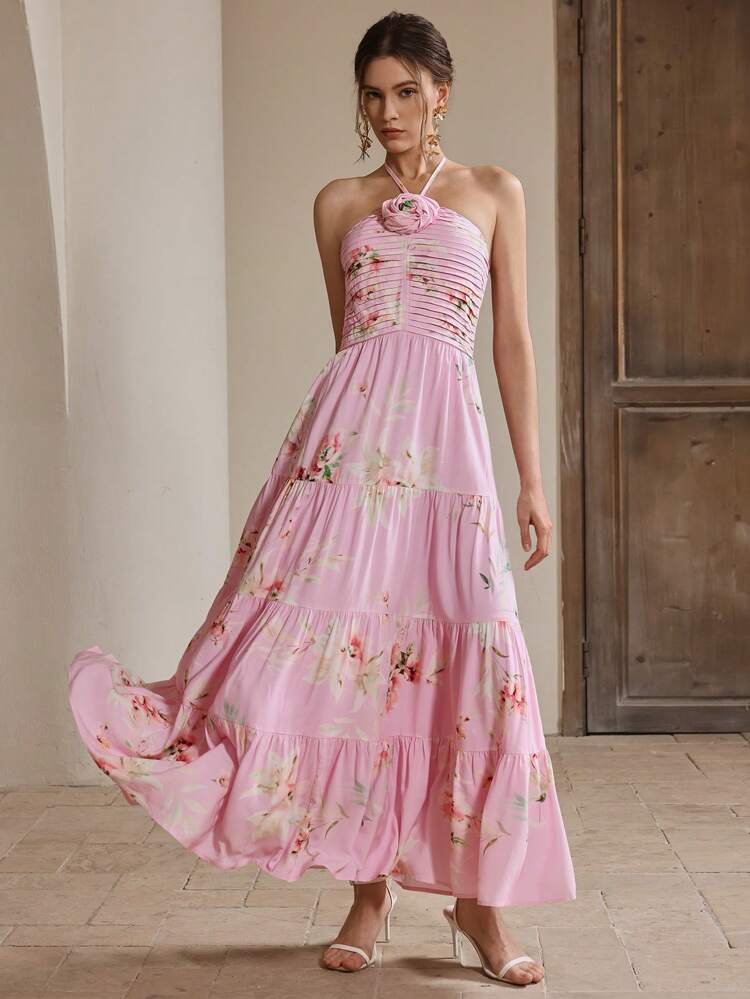Elegant Floral Backless Women Summer Casual Vacation Long Floral Print Slip Dress Slim Fit, Pink