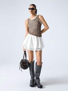 LYSMO Women's Solid Color Double Ruffle Hem Mini Skirt