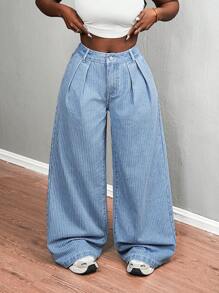 SHEIN Slayr Women's Casual Washed Striped Wide Leg Jeans - Blue - View 6
