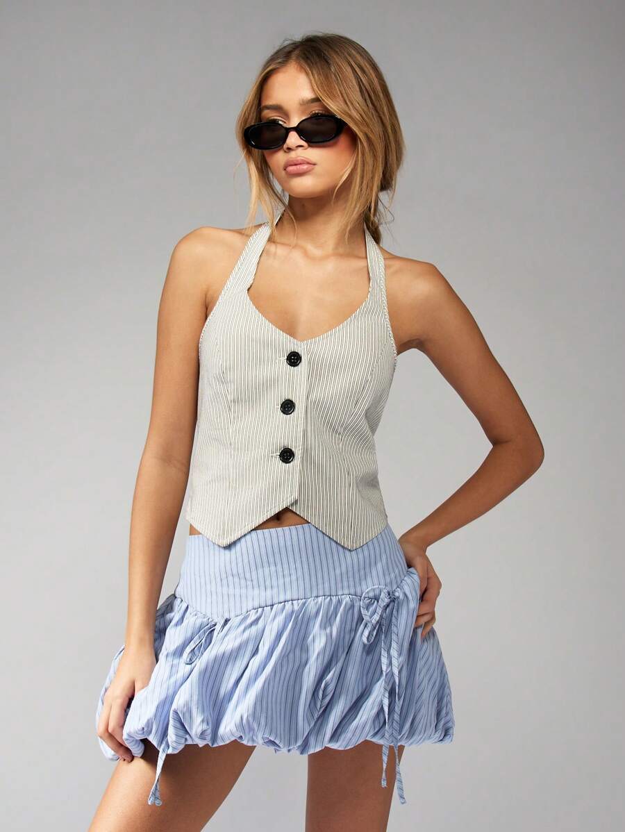 MISSGUIDED 泡泡迷你裙细条纹夏季时尚高腰聚拢气球短裤风格设计带侧袋休闲春季家居服 - 藍色 - 查看 1