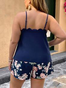 SHEIN VCAY 2Pcs Plus Size Vacation Casual Solid & Flower Print Camisole And Shorts Set Summer Outfits For Women Plus Casual Summer Outfits Women - Multicolor - View 2