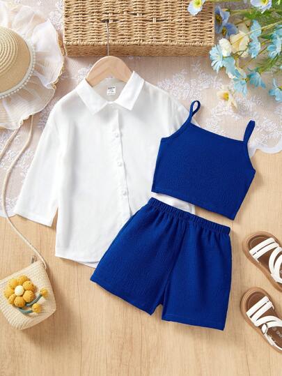 SHEIN Leap Crew 女婴休闲可爱白衬衫、吊带背心和短裤套装，春夏