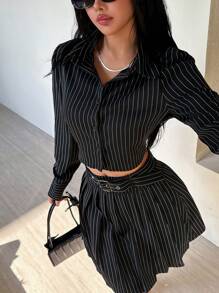 INAWLY Striped Print Crop Shirt & Pleated Skirt Fall Cloth For Women - Black - View 6