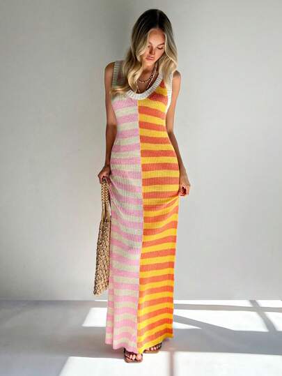 SHEIN Forever 21 春夏女士浪漫/舞会/正式/生日/90 年代服装/商务休闲女士/优雅/西装女士/外出/时尚女士/休闲/Y2k 服装/俱乐部/办公室/鸡尾酒会/复古/紧身/狂欢服装/有趣/优雅/老钱风格/街头服饰/节日/度假/乡村音乐会/工作服/端庄/春假/单身女郎/直筒/音乐会/坏人/基本款/无袖/带有色块条纹面板的超长针织连衣裙/钩针连衣裙